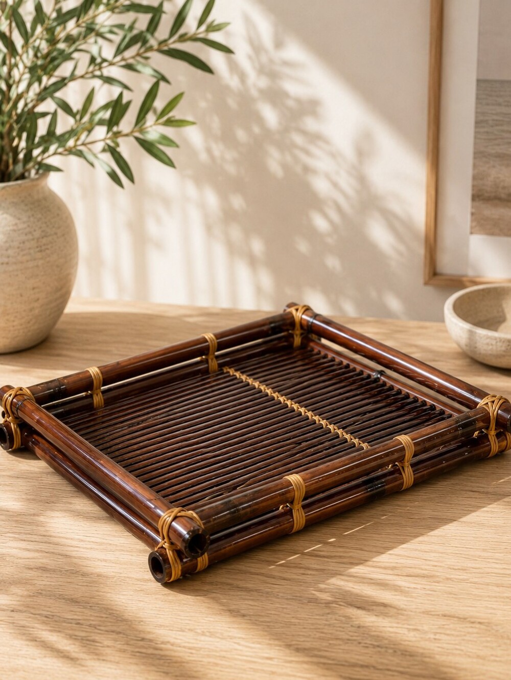 Vintage Bamboo Rattan Tray | Boho Coastal Serving Tray | Slatted Wood Display
